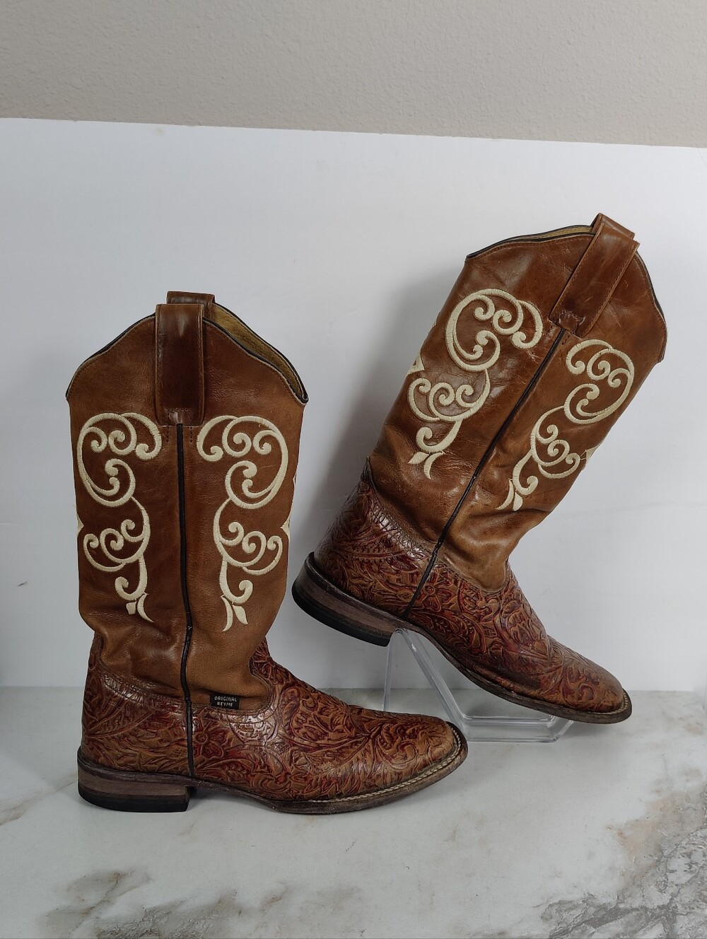 Reyme Women's Brown Leather Square Toe Western Cowboy Boots, Sz 9